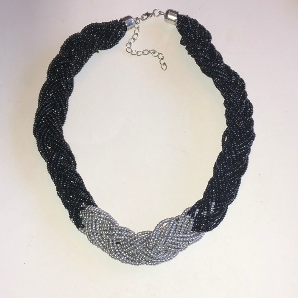 Braided Two-Tone Beaded Boho Necklace - Black and Silver Tone